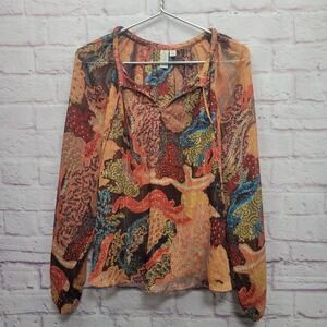 Joie Sheer Floral Abstract Peasant Blouse M Metallic Cottage Fairy Boho Festival